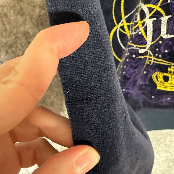 Juicy Couture Navy Blue Velour Hooded Zip Up Graphic Back Y2K XSP - Picture 9 of 9